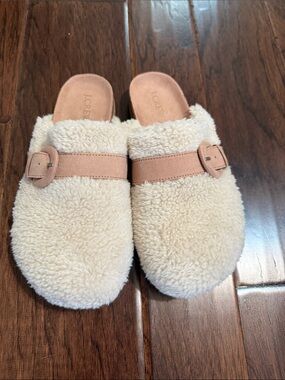J. Crew Cream Shearling-Look Slide Mules with Tan Strap
